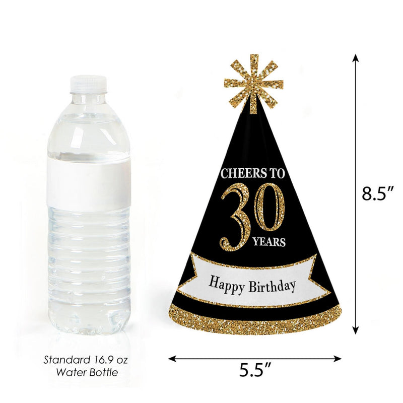 Adult 30th Birthday - Gold - Cone Birthday Party Hats for Adults - Set of 8 (Standard Size)