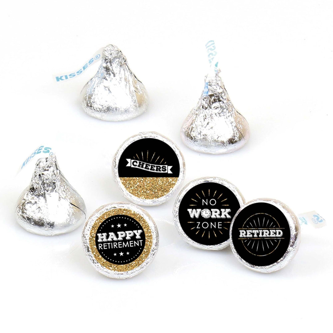 A collection of round candy labels with various texts related to retirement celebrations, designed to fit Hershey Kisses or similar candies.