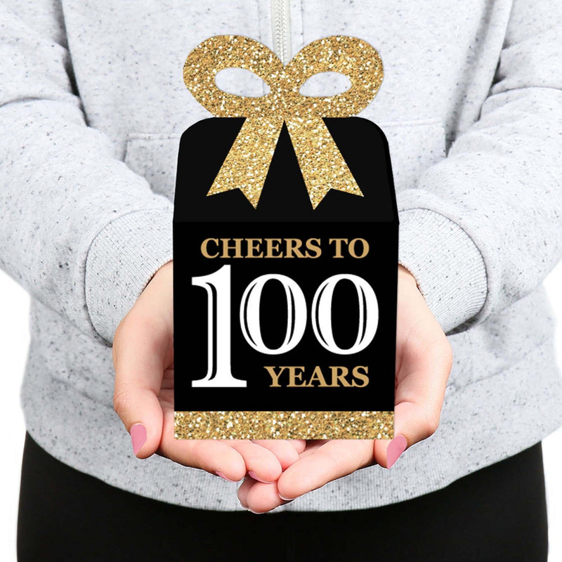 Adult 100th Birthday - Gold - Square Favor Gift Boxes - Birthday Party Bow Boxes - Set of 12