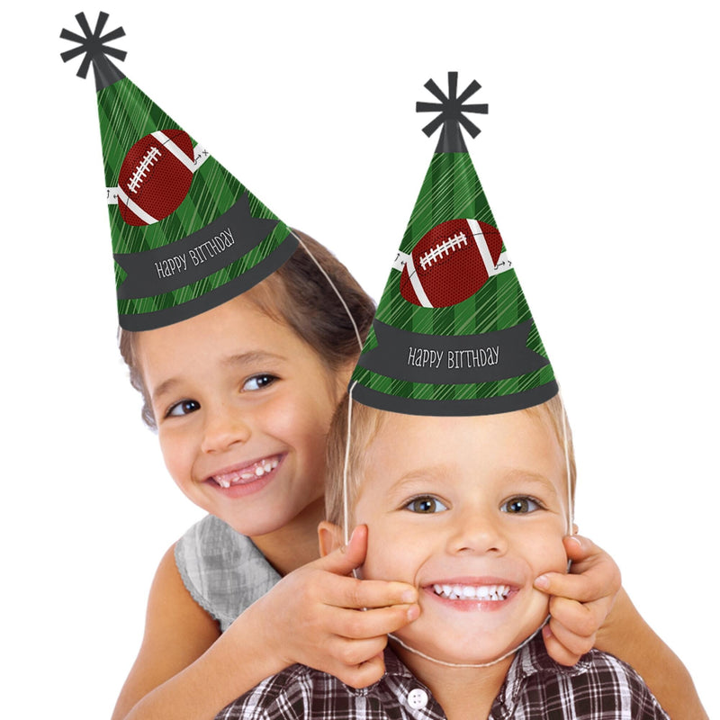 End Zone - Football - Cone Happy Birthday Party Hats for Kids and Adults - Set of 8 (Standard Size)