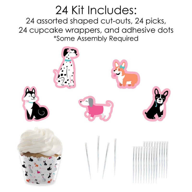Pawty Like a Puppy Girl - Cupcake Decoration - Pink Dog Baby Shower or Birthday Party Cupcake Wrappers and Treat Picks Kit - Set of 24