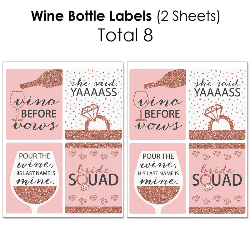 Bride Squad - Mini Wine Bottle Labels, Wine Bottle Labels and Water Bottle Labels - Rose Gold Bridal Shower or Bachelorette Party Decorations - Beverage Bar Kit - 34 Pieces