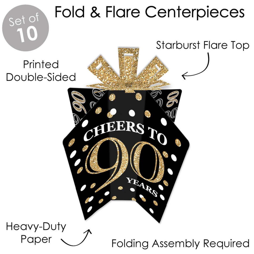 Adult 90th Birthday - Gold - Table Decorations - Birthday Party Fold and Flare Centerpieces - 10 Count