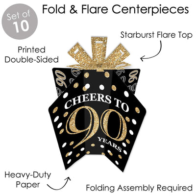 Adult 90th Birthday - Gold - Table Decorations - Birthday Party Fold and Flare Centerpieces - 10 Count