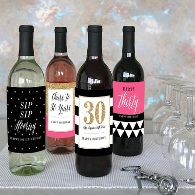Chic 30th Birthday - Pink, Black and Gold - Decorations for Women - Wine Bottle Label Birthday Party Gift - Set of 4