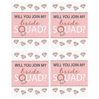 Will You Join My Bride Squad? - Rose Gold Will You Be My Bridesmaid Gift for Women - Wine Bottle Label Stickers - Set of 4