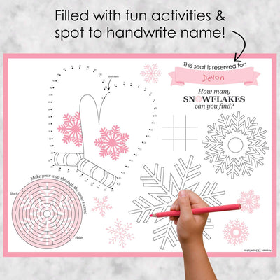 Pink Winter Wonderland - Paper Holiday Snowflake Birthday Party and Baby Shower Coloring Sheets - Activity Placemats - Set of 16