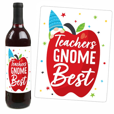 School Gnomes - Teacher and Classroom Decorations for Women and Men - Wine Bottle Label Stickers - Set of 4