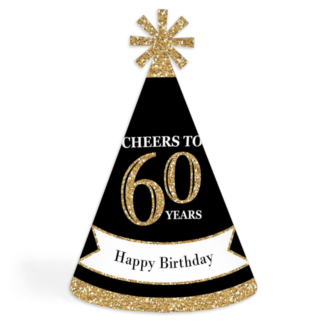 Adult 60th Birthday - Gold - Cone Birthday Party Hats for Adults - Set of 8 (Standard Size)