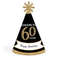 Adult 60th Birthday - Gold - Cone Birthday Party Hats for Adults - Set of 8 (Standard Size)