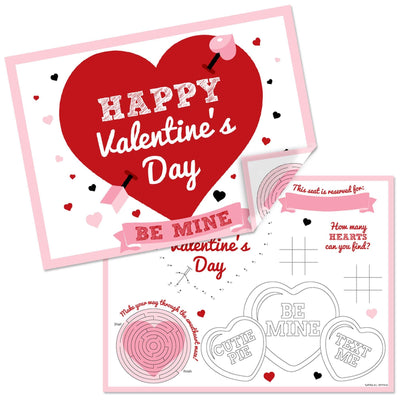 Conversation Hearts - Paper Valentine's Day Party Coloring Sheets - Activity Placemats - Set of 16