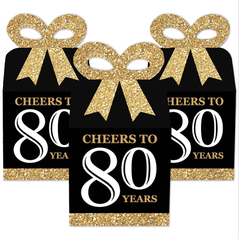 Adult 80th Birthday - Gold - Square Favor Gift Boxes - Birthday Party Bow Boxes - Set of 12