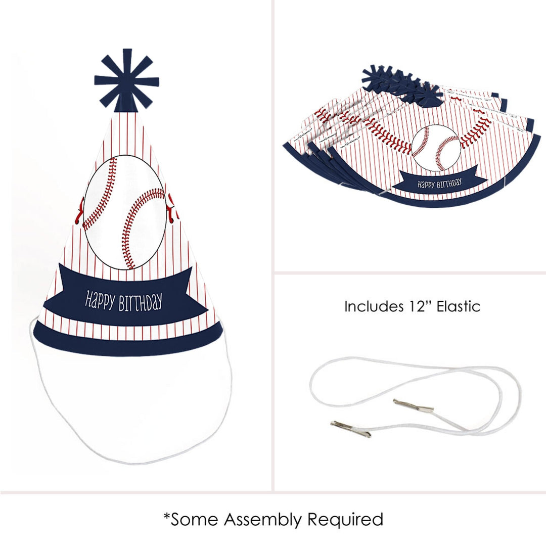 Batter Up - Baseball - Cone Happy Birthday Party Hats for Kids and Adults - Set of 8 (Standard Size)