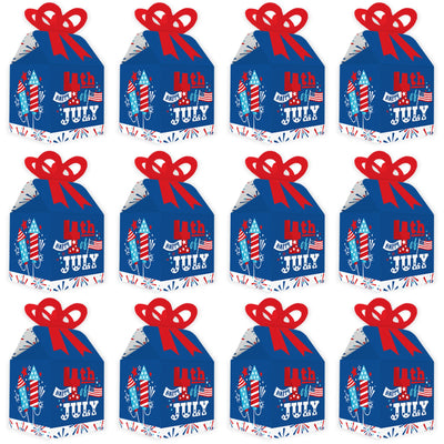 Firecracker 4th of July - Square Favor Gift Boxes - Red, White and Royal Blue Party Bow Boxes - Set of 12