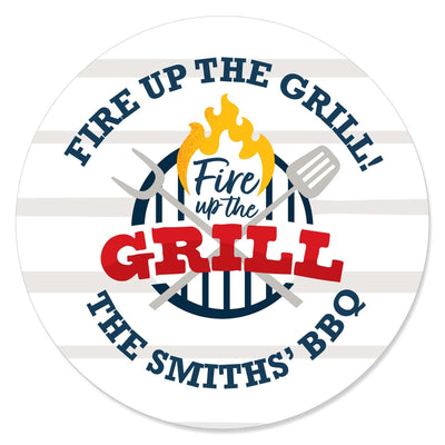 Fire Up the Grill - Personalized Summer BBQ Picnic Party Circle Sticker Labels - 24 Count