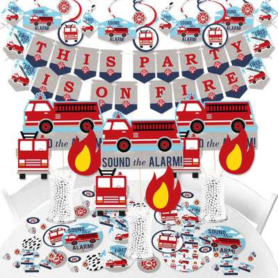 Fired Up Fire Truck - Firefighter Firetruck Baby Shower or Birthday Party Supplies - Banner Decoration Kit - Fundle Bundle