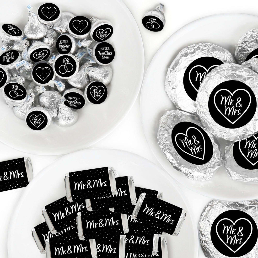 Mr. and Mrs. - Mini Candy Bar Wrappers, Round Candy Stickers and Circle Stickers - Black and White Wedding or Bridal Shower Candy Favor Sticker Kit - 304 Pieces