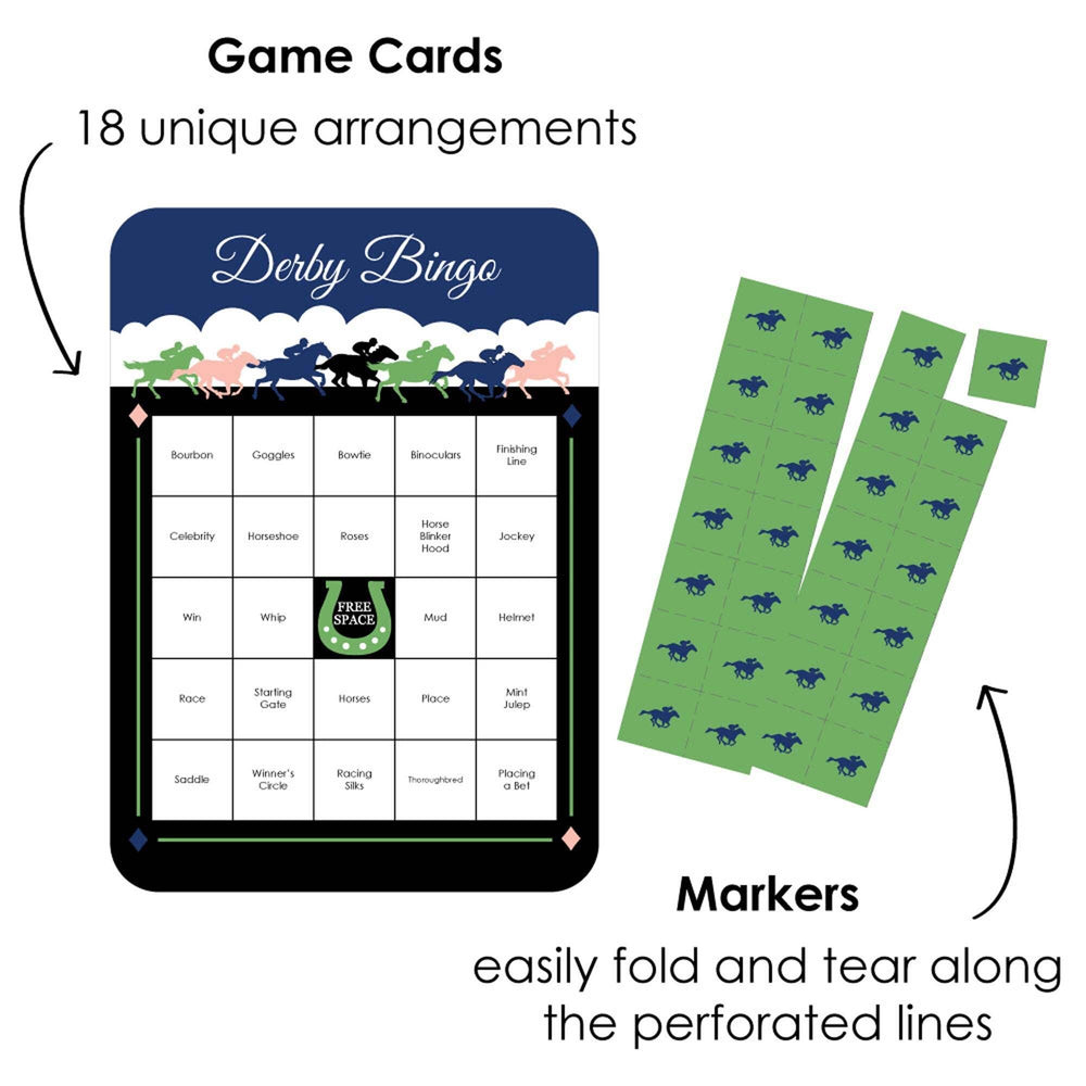 Kentucky Horse Derby - Bar Bingo Cards and Markers - Horse Race Party Bingo Game - Set of 18