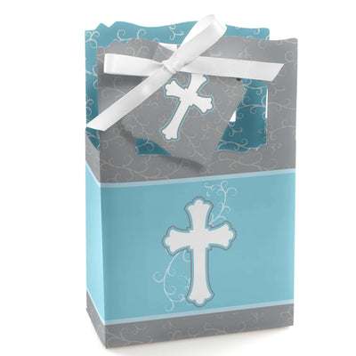 Little Miracle Boy Blue & Gray Cross - Baptism or Baby Shower Favor Boxes - Set of 12