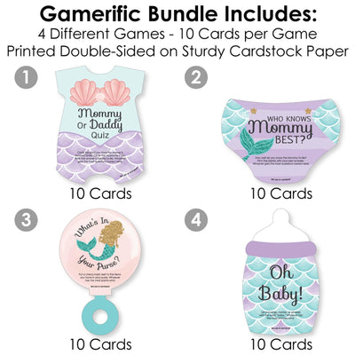 Let's Be Mermaids - 4 Baby Shower Games - 10 Cards Each - Who Knows Mommy Best, Mommy or Daddy Quiz, What's in Your Purse and Oh Baby - Gamerific Bundle