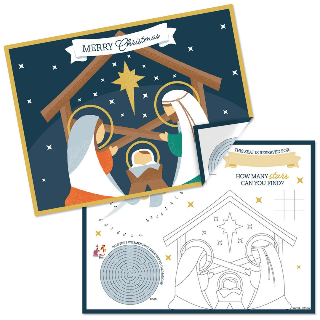 Holy Nativity - Paper Manger Scene Religious Christmas Coloring Sheets - Activity Placemats - Set of 16