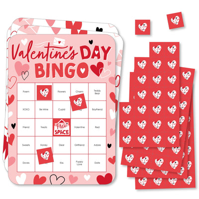 Happy Valentine's Day - Bingo Cards and Markers - Valentine Hearts Party Shaped Bingo Game - Set of 18