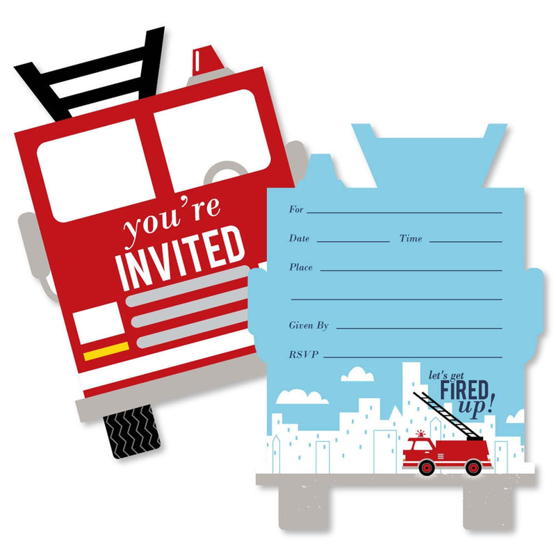 Fired Up Fire Truck - Shaped Fill-In Invitations - Firefighter Firetruck Baby Shower or Birthday Party Invitation Cards with Envelopes - Set of 12