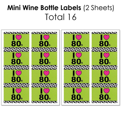80's Retro - Mini Wine Bottle Labels, Wine Bottle Labels and Water Bottle Labels - Totally 1980s Party Decorations - Beverage Bar Kit - 34 Pieces