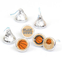 A collection of basketball-themed round candy labels in various designs, intended to fit Hershey's Kisses or similar-sized candies.