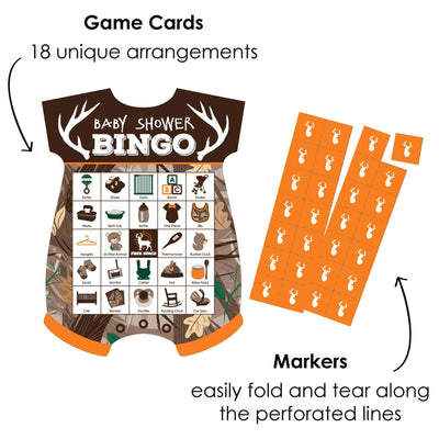 Gone Hunting - Picture Bingo Cards and Markers - Deer Hunting Camo Baby Shower Shaped Bingo Game - Set of 18