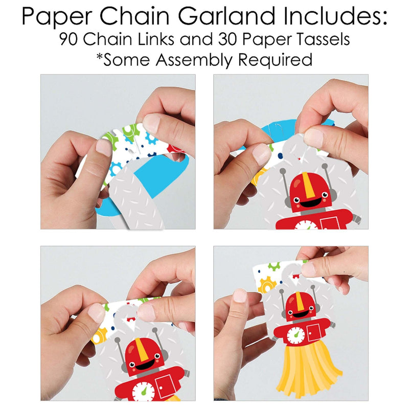Gear Up Robots - 90 Chain Links and 30 Paper Tassels Decoration Kit - Birthday Party or Baby Shower Paper Chains Garland - 21 feet