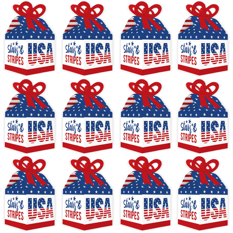 Stars & Stripes - Square Favor Gift Boxes - Memorial Day, 4th of July and Labor Day USA Patriotic Party Bow Boxes - Set of 12