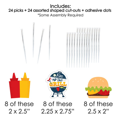Fire Up the Grill - Dessert Cupcake Toppers - Summer BBQ Picnic Party Clear Treat Picks - Set of 24