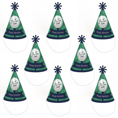 Par-Tee Time - Golf - Cone Happy Birthday Party Hats for Kids and Adults - Set of 8 (Standard Size)