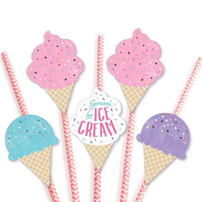 Scoop Up The Fun - Ice Cream - Paper Straw Decor - Sprinkles Party Striped Decorative Straws - Set of 24