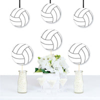 A set of volleyball-shaped decorations printed in black and white, displayed hanging from strings above a table decorated with flowers.