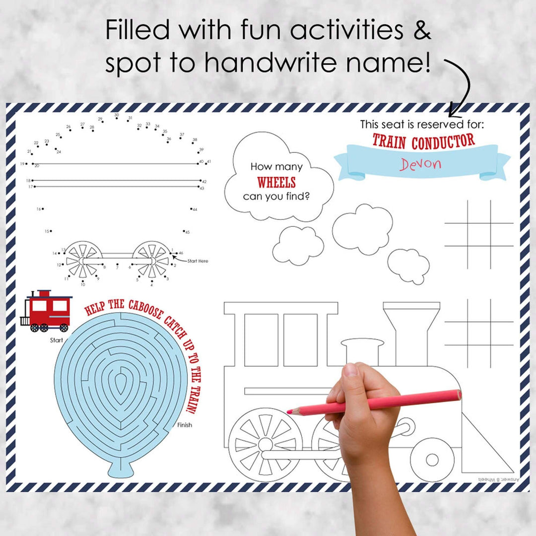 Railroad Party Crossing - Paper Steam Train Birthday Party Coloring Sheets - Activity Placemats - Set of 16