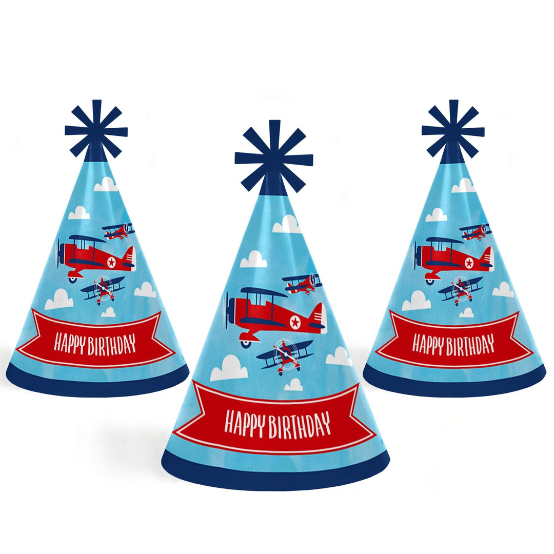 Taking Flight - Airplane - Cone Happy Birthday Party Hats for Kids and Adults - Set of 8 (Standard Size)