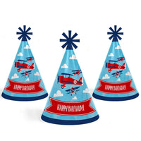 Taking Flight - Airplane - Cone Happy Birthday Party Hats for Kids and Adults - Set of 8 (Standard Size)