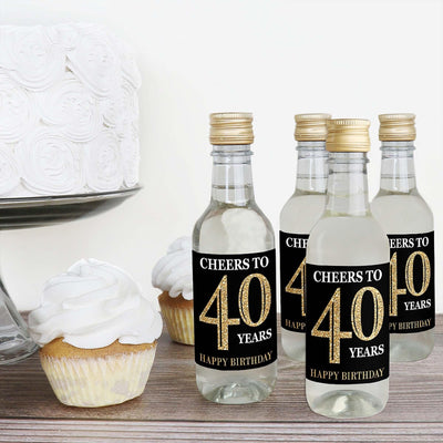 Adult 40th Birthday - Gold - Mini Wine and Champagne Bottle Label Stickers - Birthday Party Favor Gift - For Women and Men - Set of 16