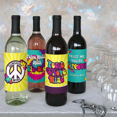 60's Hippie - 1960s Groovy Party Decorations for Women and Men - Wine Bottle Label Stickers - Set of 4