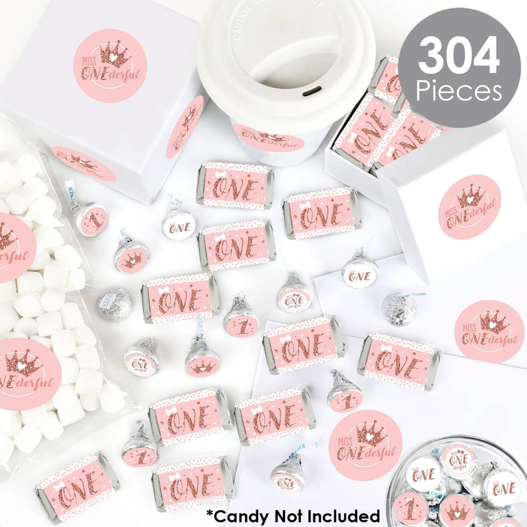 1st Birthday Little Miss Onederful - Mini Candy Bar Wrappers, Round Candy Stickers and Circle Stickers - Girl First Birthday Party Candy Favor Sticker Kit - 304 Pieces
