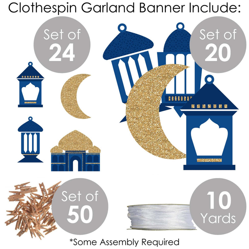 Ramadan - Eid Mubarak DIY Decorations - Clothespin Garland Banner - 44 Pieces