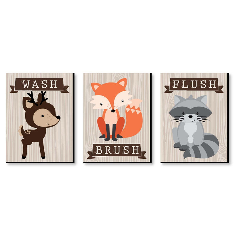 Woodland Creatures - Kids Bathroom Rules Wall Art - 7.5 x 10 inches - Set of 3 Signs - Wash, Brush, Flush
