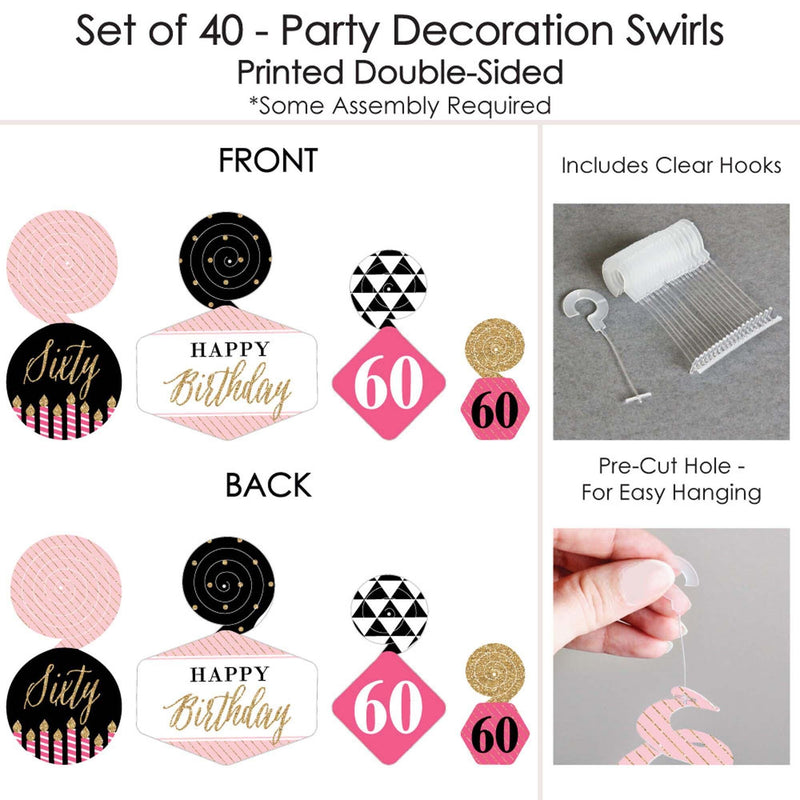 Chic 60th Birthday - Pink, Black and Gold - Birthday Party Hanging Decor - Party Decoration Swirls - Set of 40