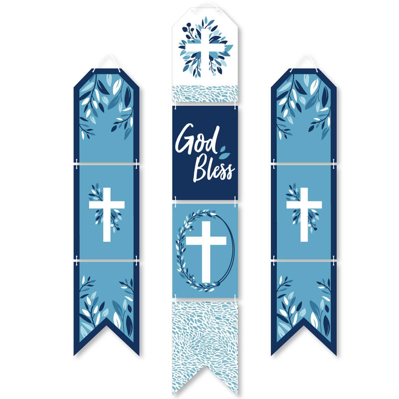 Blue Elegant Cross - Hanging Vertical Paper Door Banners - Boy Religious Party Wall Decoration Kit - Indoor Door Decor