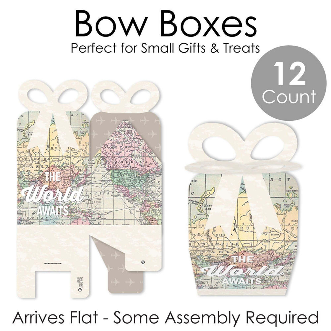 World Awaits - Square Favor Gift Boxes - Travel Themed Party Bow Boxes - Set of 12