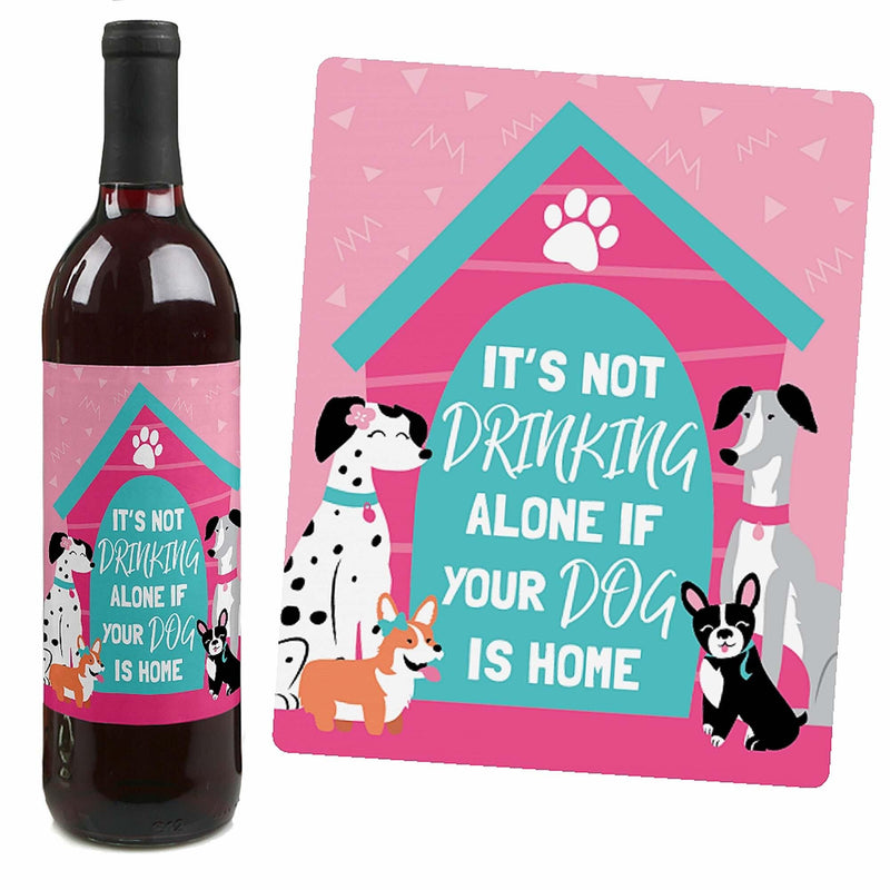 Pawty Like a Puppy Girl - Pink Dog Baby Shower or Birthday Party Decorations for Women and Men - Wine Bottle Label Stickers - Set of 4