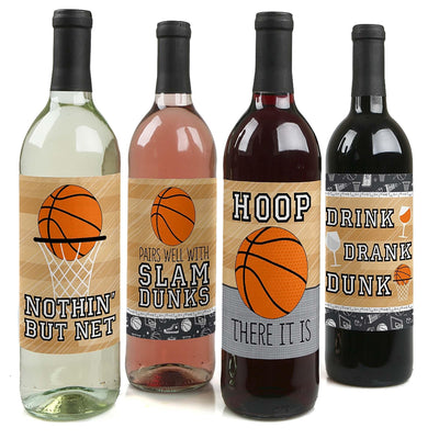 Nothin' But Net - Basketball - Baby Shower or Birthday Party Decorations for Women and Men - Wine Bottle Label Stickers - Set of 4