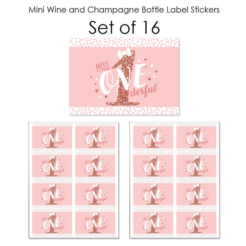 1st Birthday Little Miss Onederful - Mini Wine and Champagne Bottle Label Stickers - Girl First Birthday Party Favor Gift for Women and Men - Set of 16